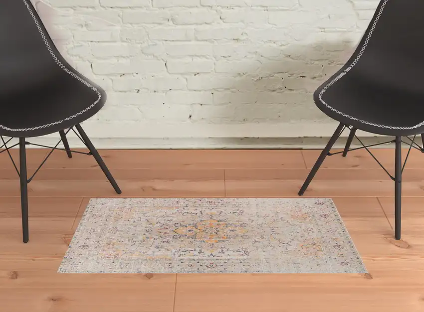 Yellow and Ivory Oriental Power Loom Area Rug With Fringe Photo 4