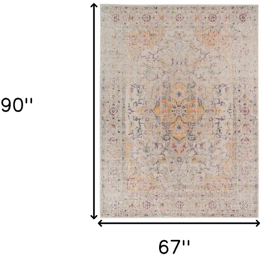 Yellow and Ivory Oriental Power Loom Area Rug With Fringe Photo 7