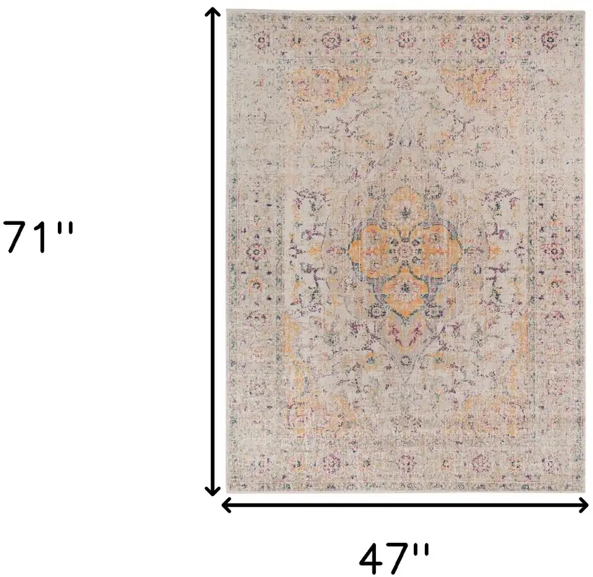 Yellow and Ivory Oriental Power Loom Distressed Area Rug Photo 7