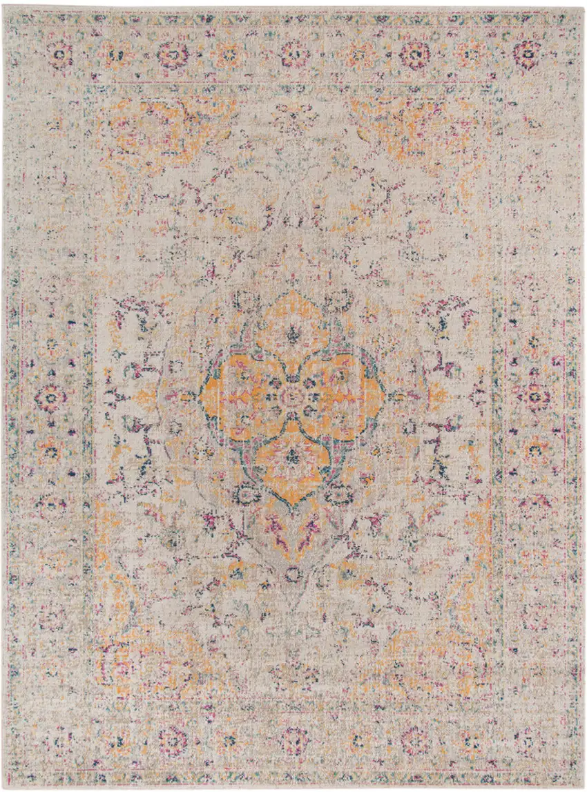 Yellow and Ivory Oriental Power Loom Distressed Area Rug Photo 1