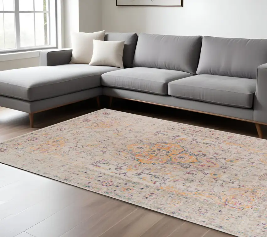 Ivory Navy and Yellow Oriental Power Loom Worn Faded Area Rug Photo 1