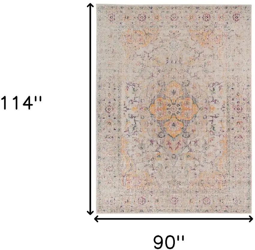 Yellow and Ivory Oriental Power Loom Distressed Area Rug Photo 7
