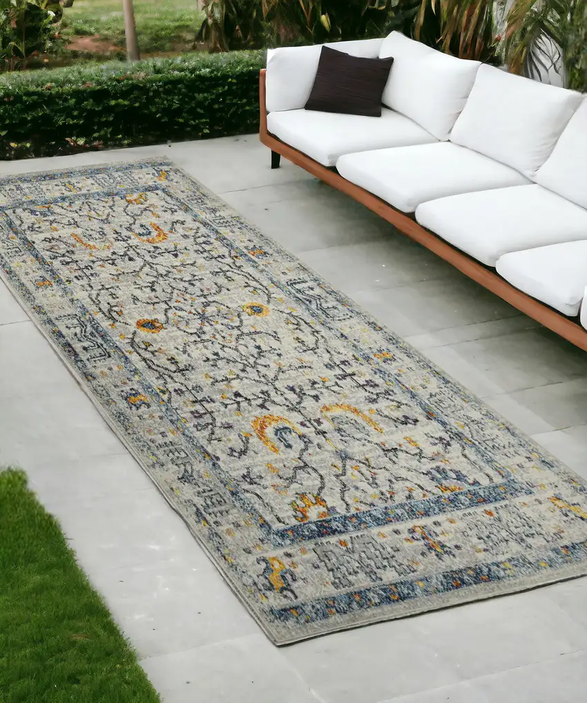Yellow and Ivory Oriental Stain Resistant Indoor Outdoor Runner Rug Photo 1