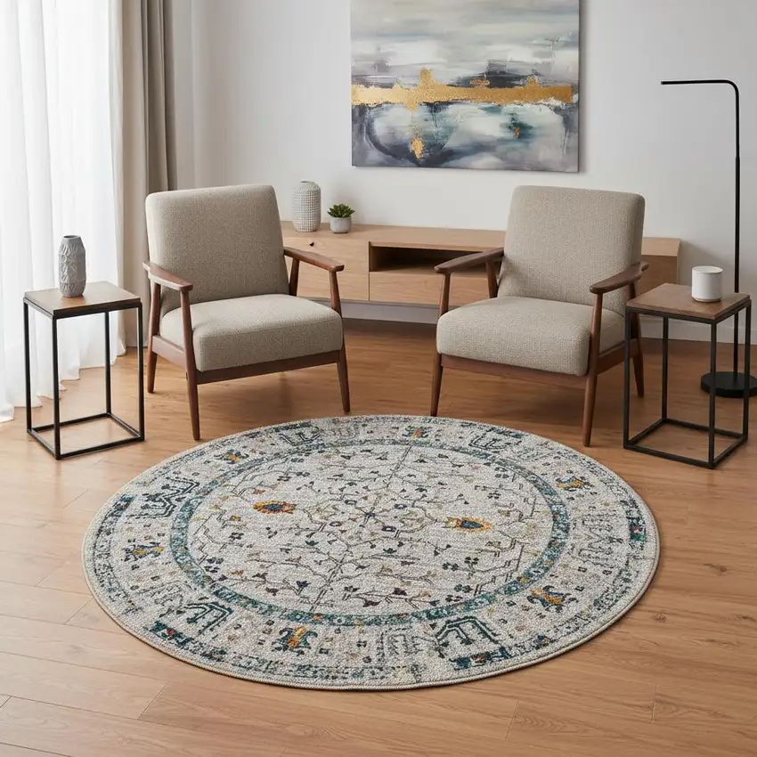 7' Ivory And Yellow Oriental Distressed Round Rug Photo 1