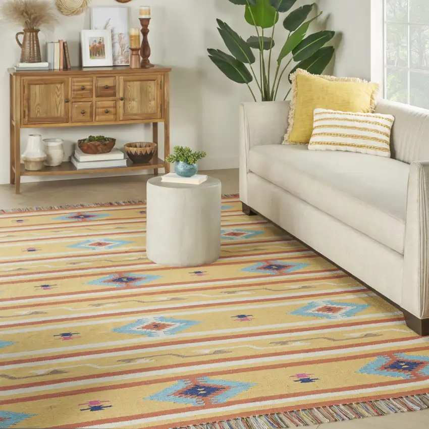 Yellow and Orange Southwestern Handmade Area Rug With Fringe Photo 7