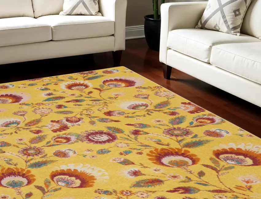 Yellow and Red Floral Power Loom Area Rug Photo 1