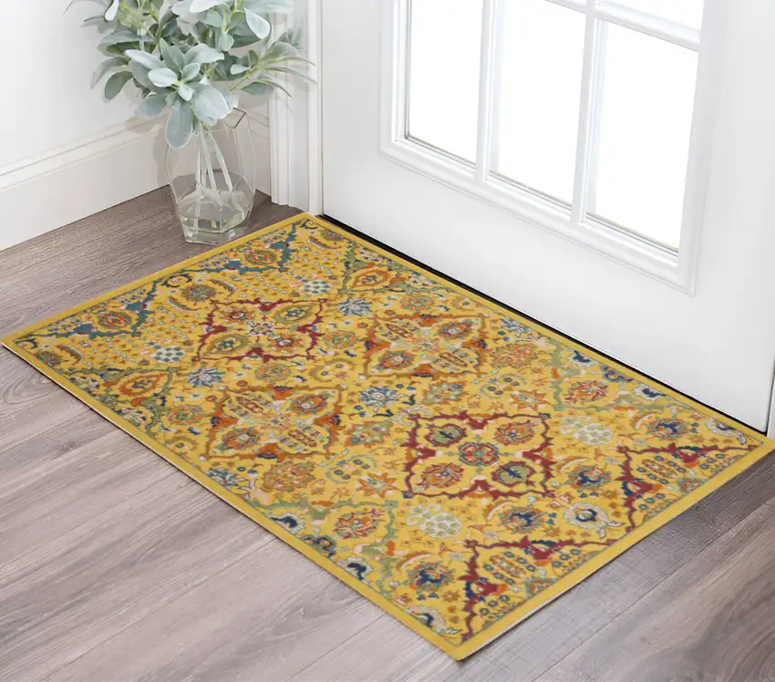 Yellow and Red Floral Power Loom Area Rug Photo 1