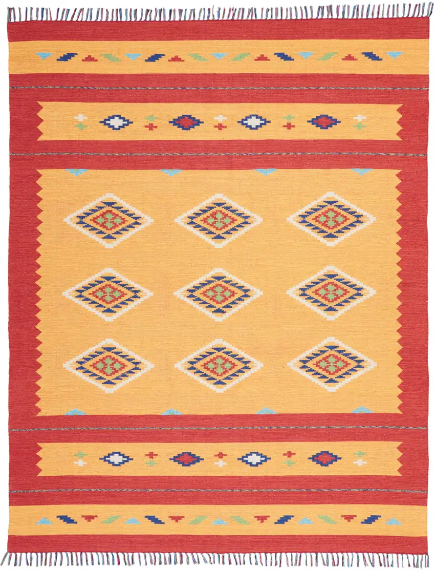 Yellow and Red Southwestern Handmade Area Rug With Fringe Photo 1
