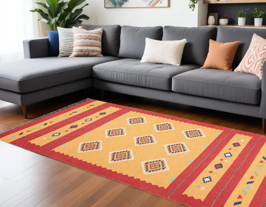 Yellow and Red Southwestern Handmade Area Rug With Fringe Photo 4