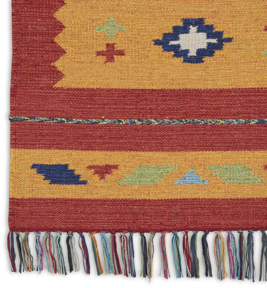Yellow and Red Southwestern Handmade Area Rug With Fringe Photo 6