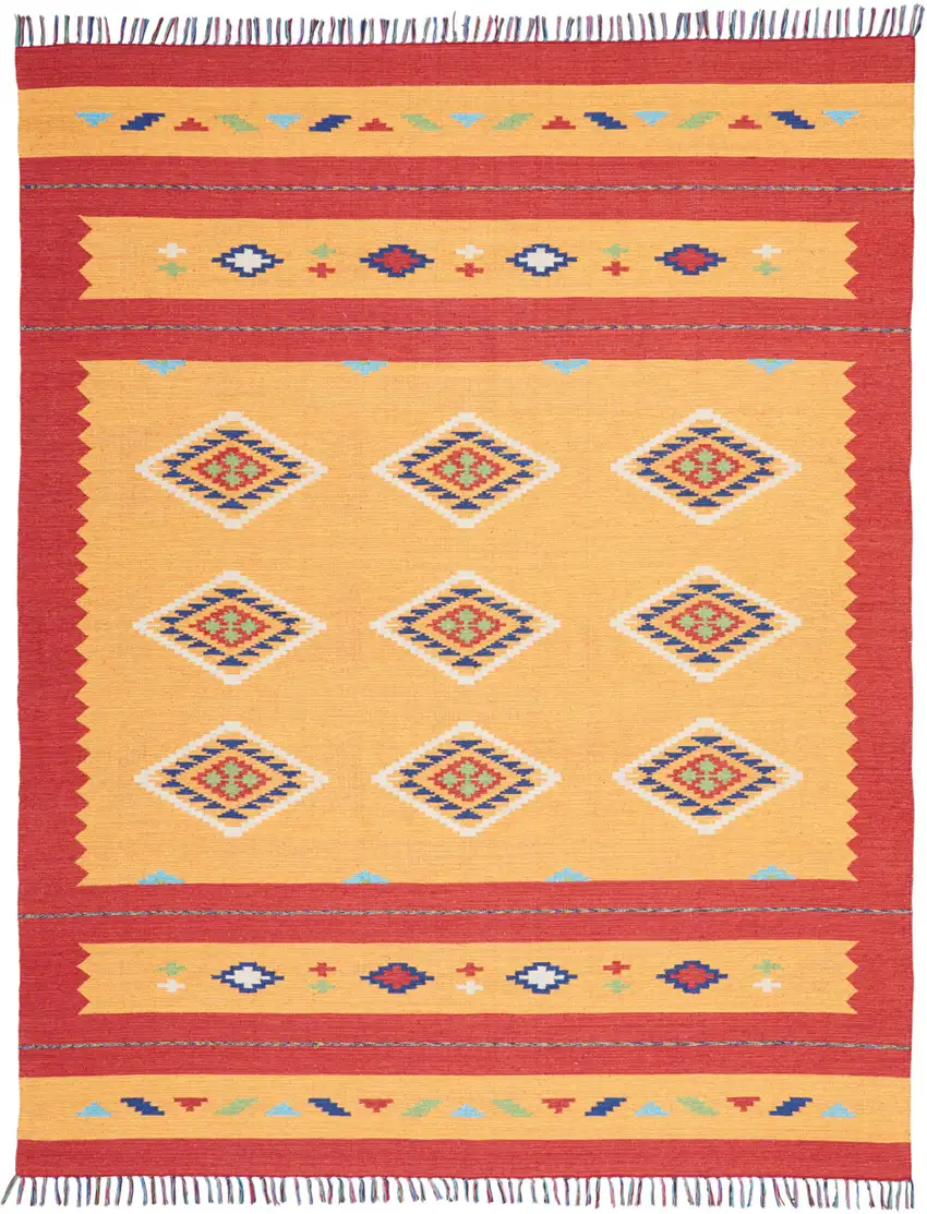Yellow and Red Southwestern Handmade Area Rug With Fringe Photo 2