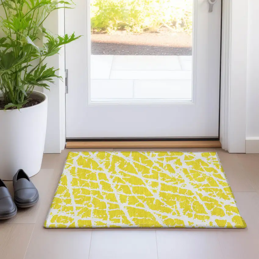 Yellow and White Abstract Washable Non Skid Indoor Outdoor Area Rug Photo 9