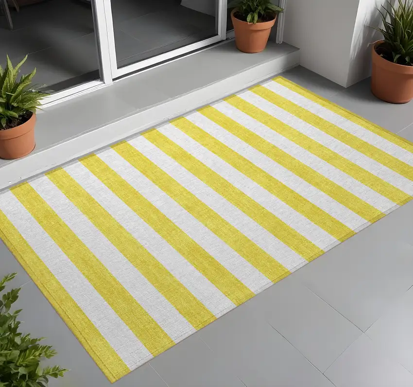 Yellow and White Striped Washable Indoor Outdoor Area Rug Photo 1
