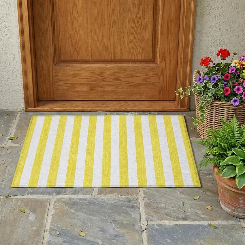 Yellow and White Striped Washable Indoor Outdoor Area Rug Photo 1