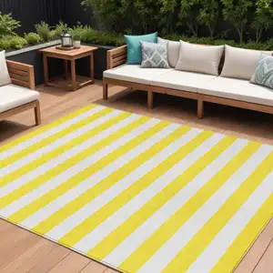 Photo of Yellow and White Striped Washable Non Skid Indoor Outdoor Area Rug