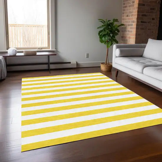 Yellow and White Striped Washable Indoor Outdoor Area Rug Photo 6