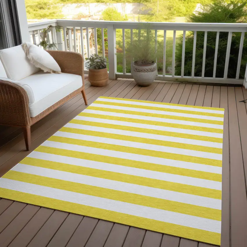 Yellow and White Striped Washable Indoor Outdoor Area Rug Photo 5