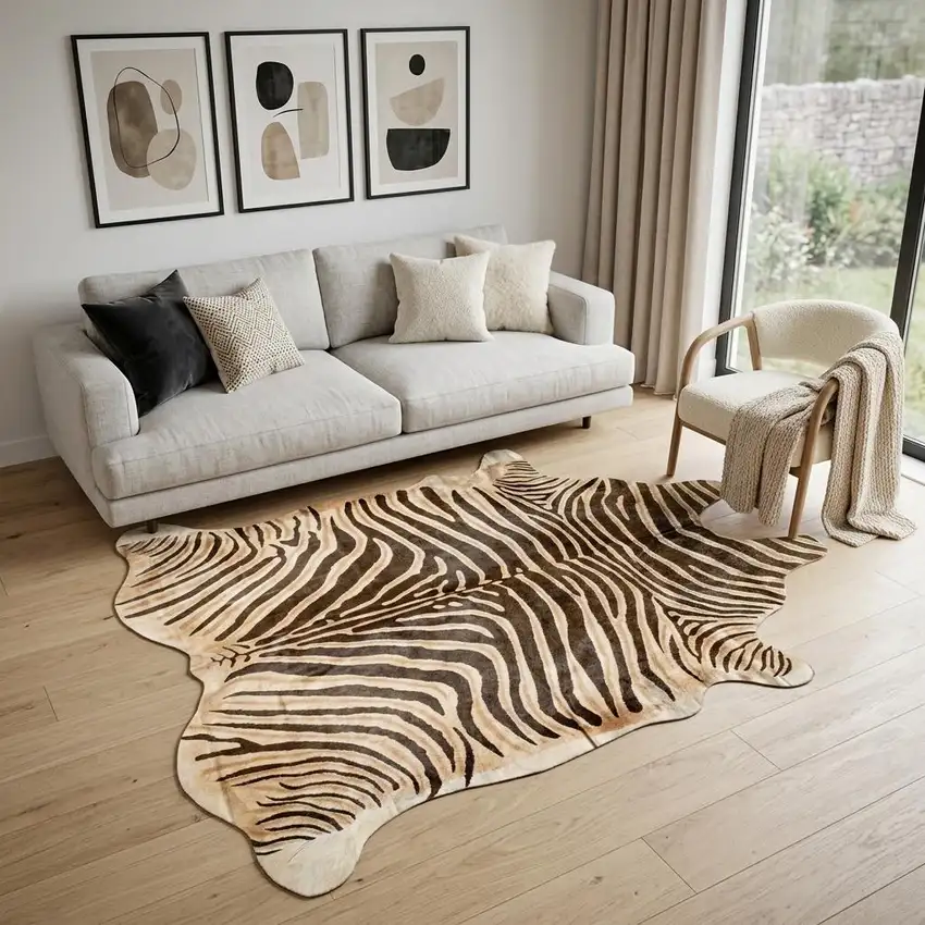Zebra Chocolate And Natural Cowhide Handmade Area Rug Photo 1