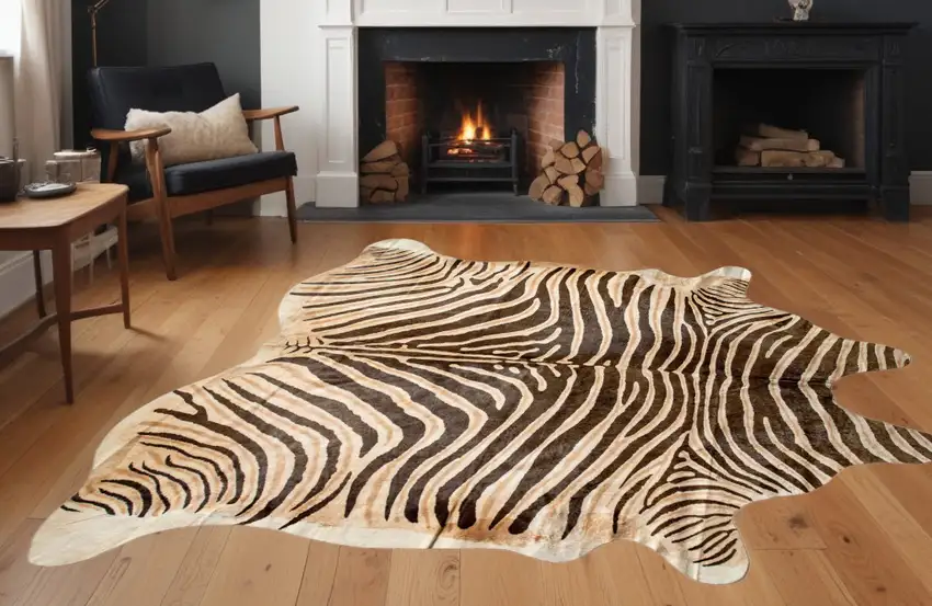 Zebra Chocolate And Natural Cowhide Handmade Area Rug Photo 1