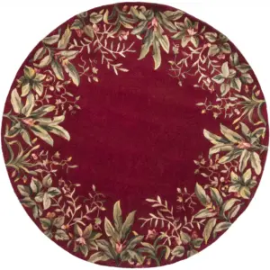 Ruby Red Hand Tufted Bordered Tropical Plants Round Indoor Area Rug