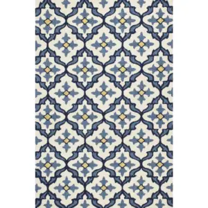 Ivory or Blue Geometric Mosaic Indoor Outdoor Area Rug