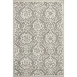 Silver Grey Machine Woven UV Treated Floral Ogee Indoor Outdoor Area Rug